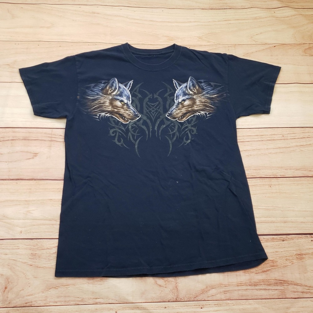 VINTAGE Wolf Graphic Shirt Mens Medium Blue Tribal Tattoo Mirror‎ Wolves Short
